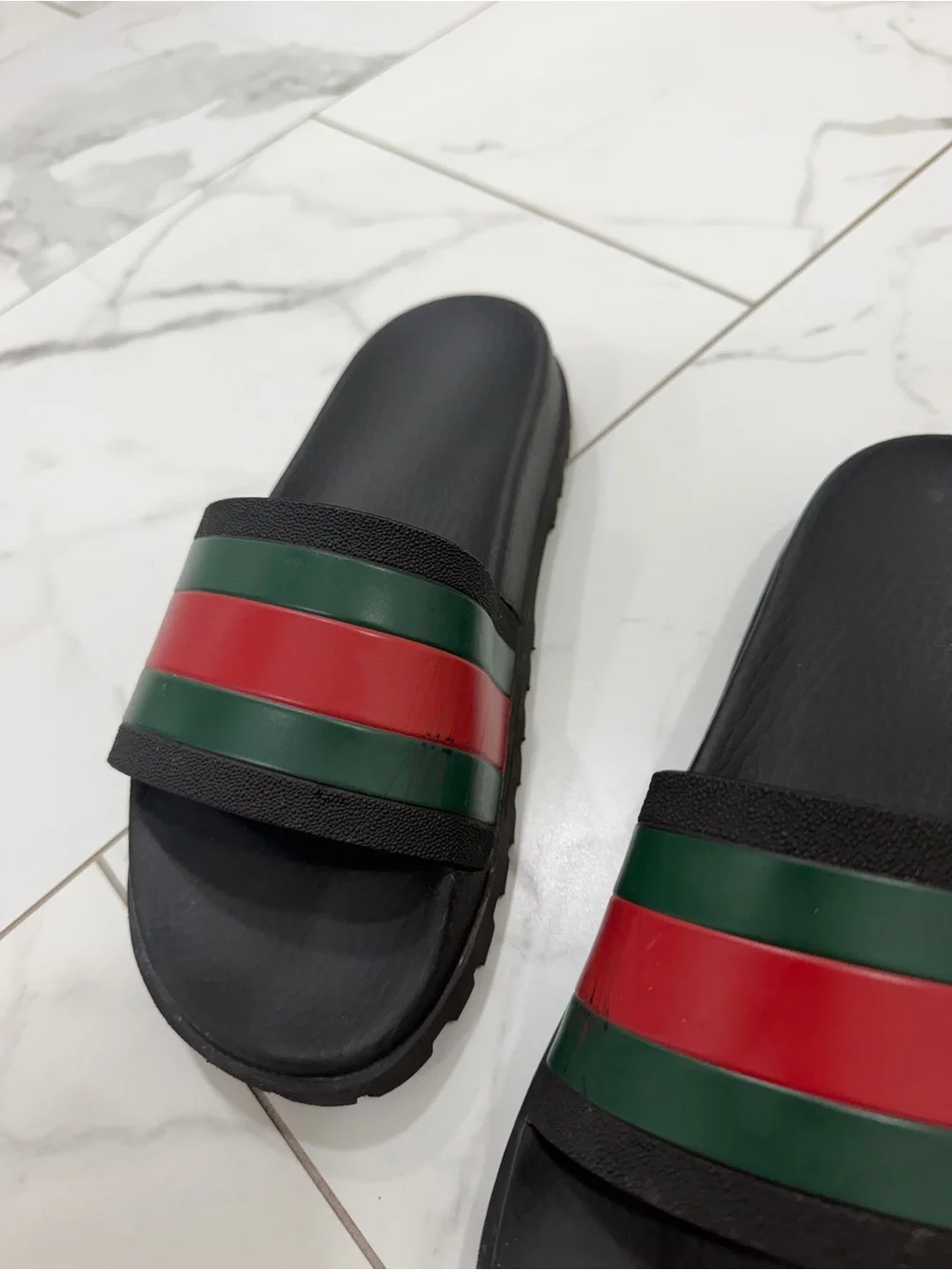 Men's Black Slide Sandals with Red and Green Stripes